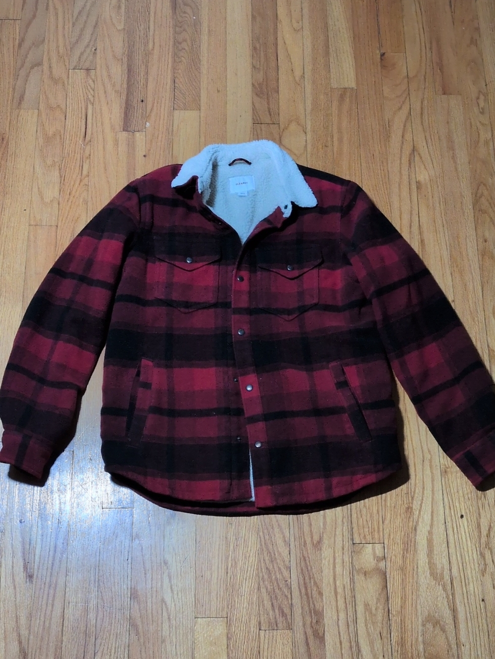 Old Navy Red and Black Plaid Sherpa-Lined Field Jacket M